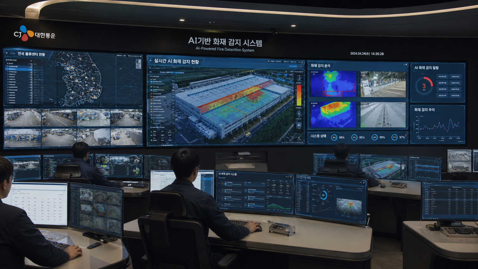 여러 화면에 AI 기반 화재 감지 데이터와 시뮬레이션이 표시된 한국 물류 허브의 첨단 제어실