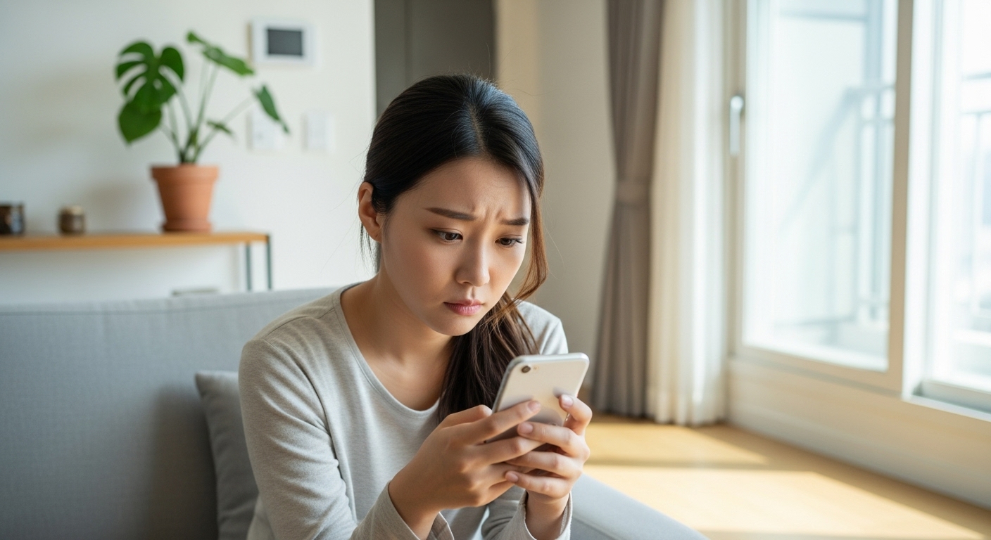 현대식 아파트에서 스마트폰으로 SNS를 보며 생각에 잠긴 젊은 여성