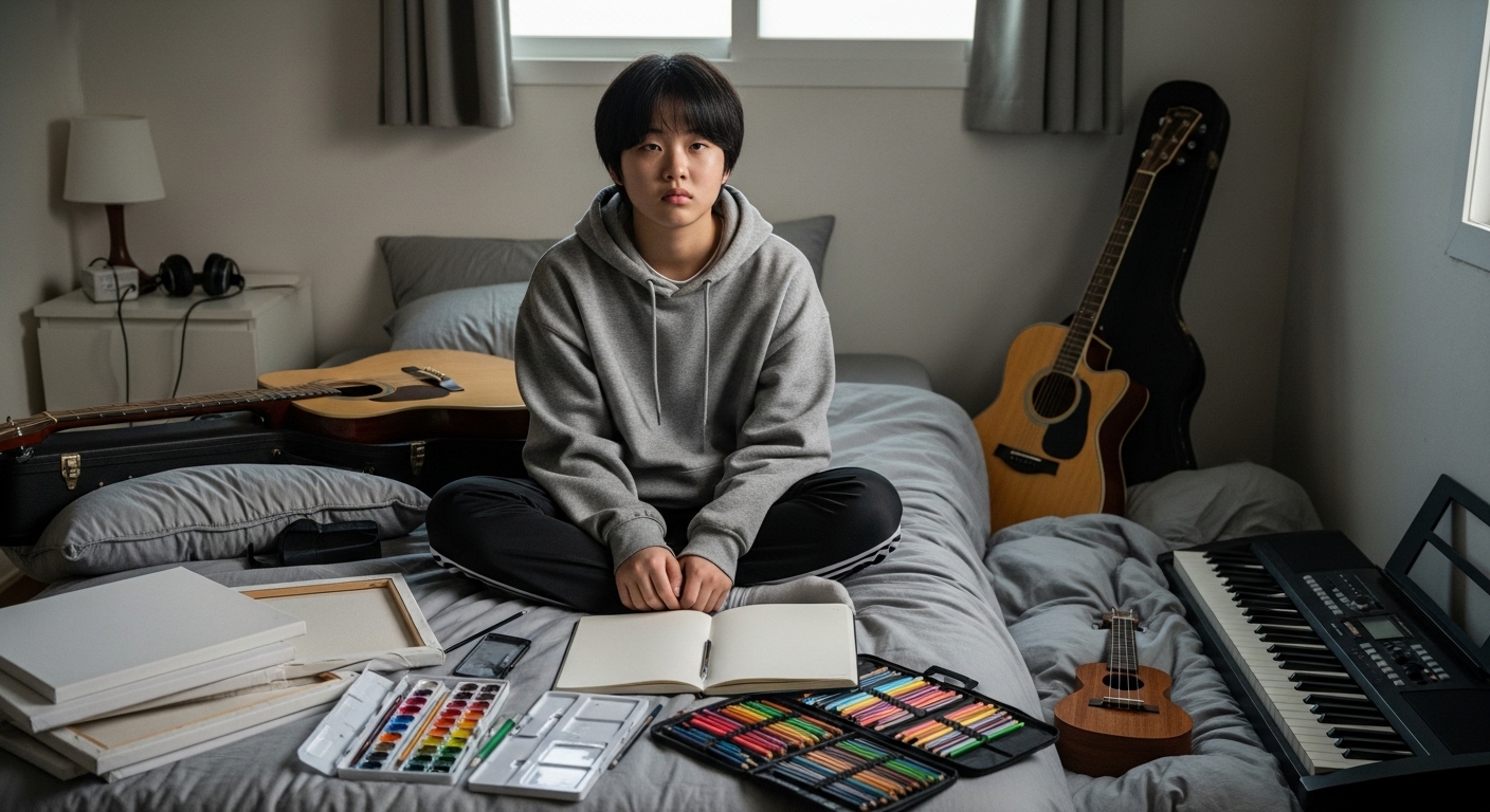침대 위에 앉아 무표정한 표정을 짓고 있는 청소년의 모습과 미사용 중인 미술 도구 및 악기들