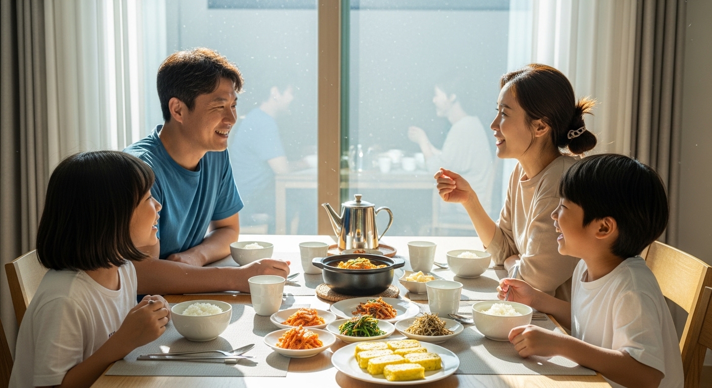 아침 햇빛이 가득 들어오는 방에서 가족들이 함께 아침 식사를 하며 대화하는 모습