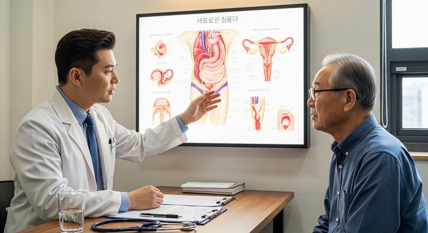 클리닉에서 의사가 의료 다이어그램을 통해 노인 환자와 비뇨기과 문제를 논의하는 장면