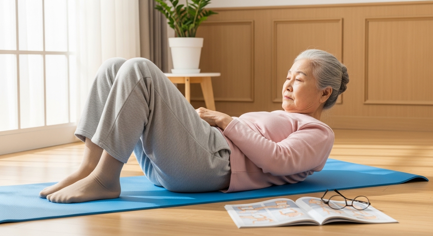 밝고 쾌적한 집안 환경에서 골반저 운동을 하는 노년 여성의 모습