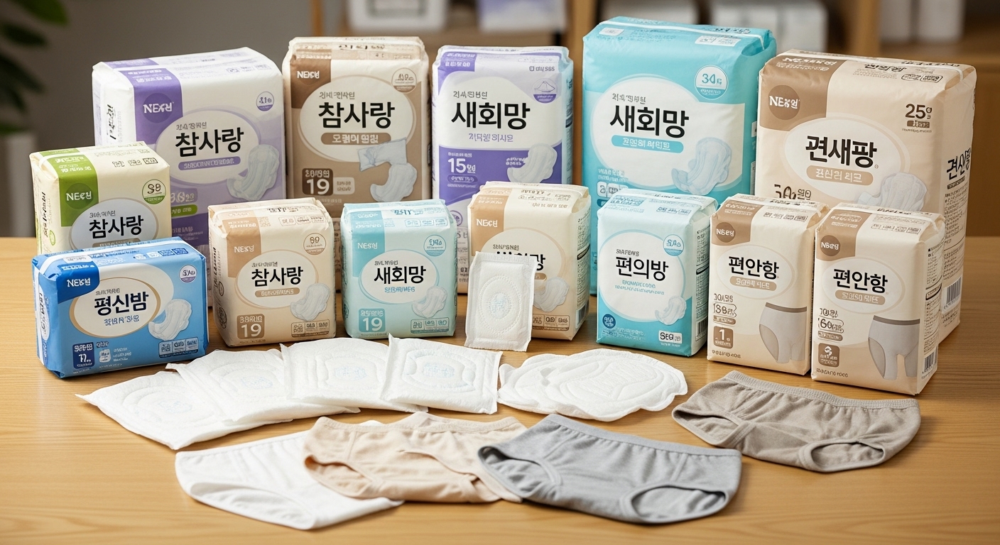 한국어 포장 정보가 표시된 요실금 패드와 지지 속옷이 테이블 위에 진열된 장면