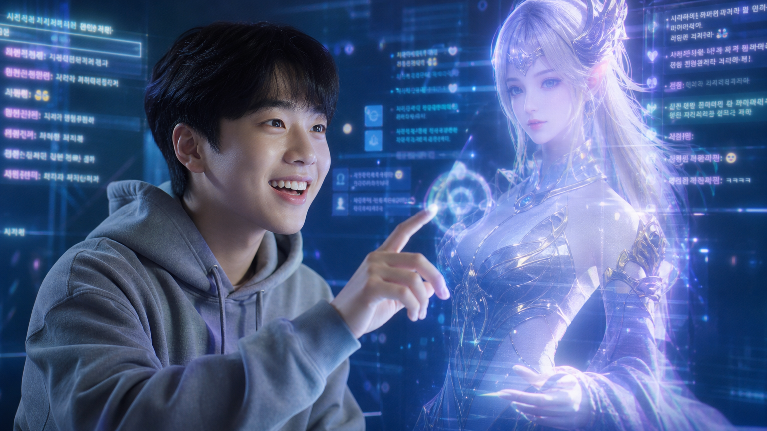 한국 학생이 디지털 환경에서 홀로그램 판타지 캐릭터와 소통하는 모습