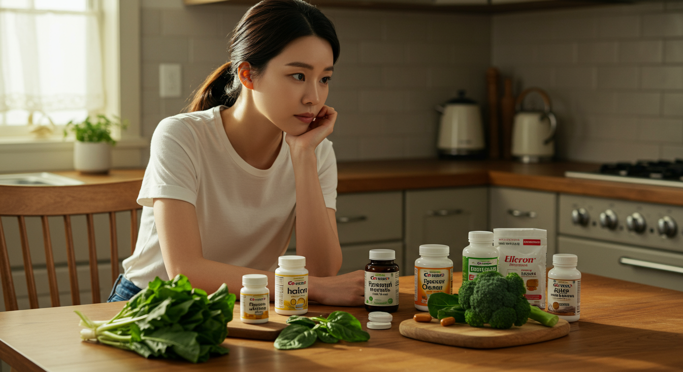 여성은 식탁에 앉아 여러 비타민 병과 시금치와 브로콜리 같은 채소를 보며 고민하는 모습