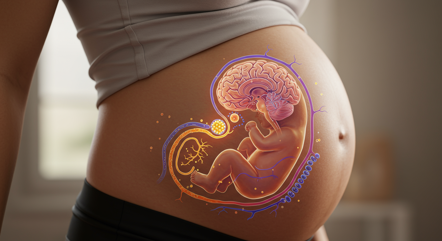 임산부의 배 속에서 신경 경로가 형성되는 모습을 보여주는 클로즈업 이미지