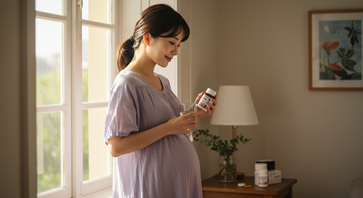 창가에서 물과 함께 철분제를 복용하는 임산부의 평온한 모습