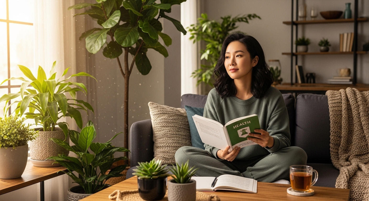 편안한 방에서 건강 일기를 들고 사색에 잠긴 젊은 여성의 모습