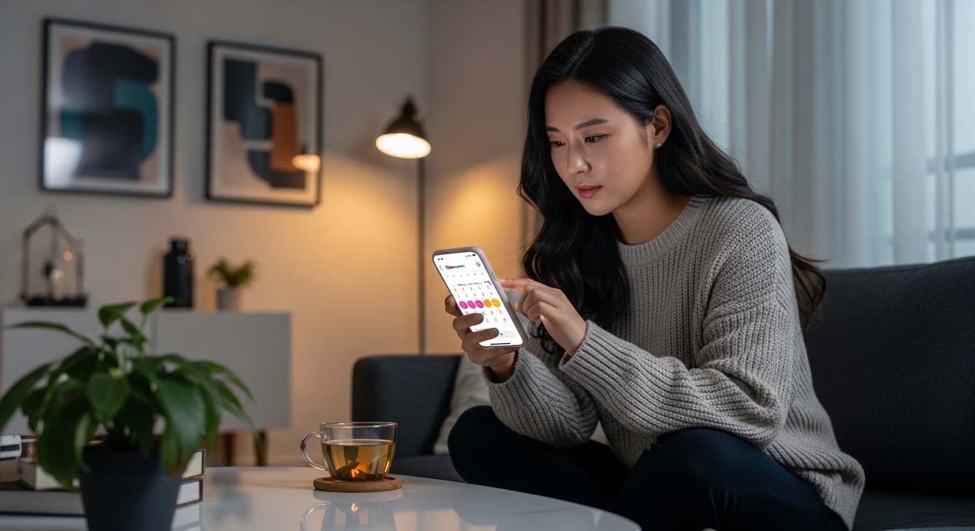 스마트폰 앱으로 생리 주기를 추적하는 여성이 현대식 아파트에서 집중하고 있는 장면