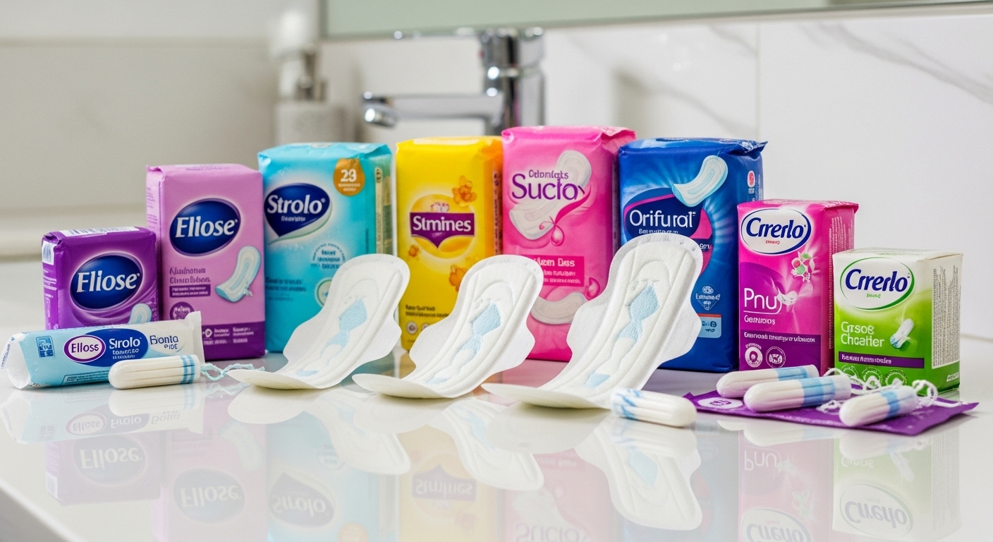 욕실 카운터 위에 놓인 다양한 여성 위생용품의 근접 촬영