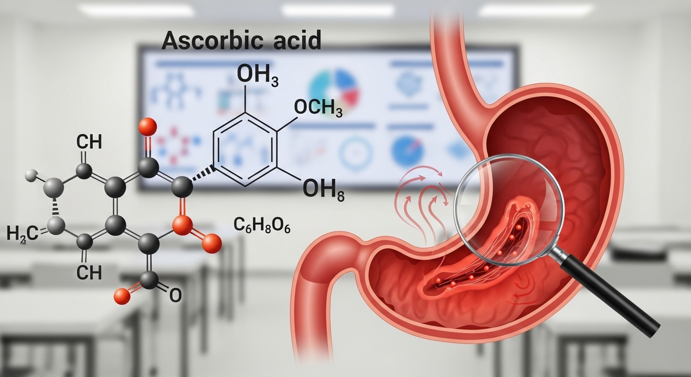 아스코르브산의 분자구조와 위장 자극을 설명하는 교육적인 이미지