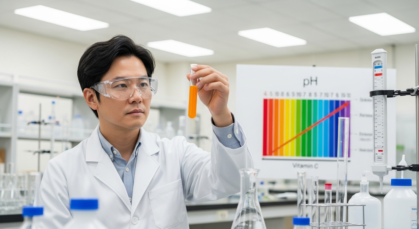실험실에서 버퍼형 비타민C 용액을 들고 있는 과학자의 모습