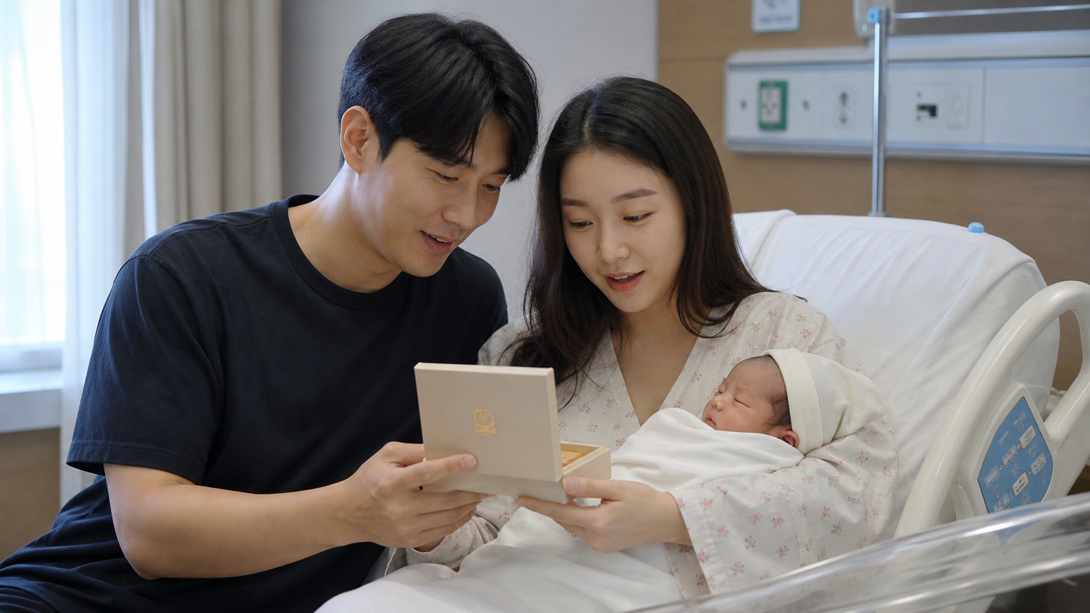 현대 한국 부부가 신생아를 안고 병실에서 기념품 상자를 바라보는 모습