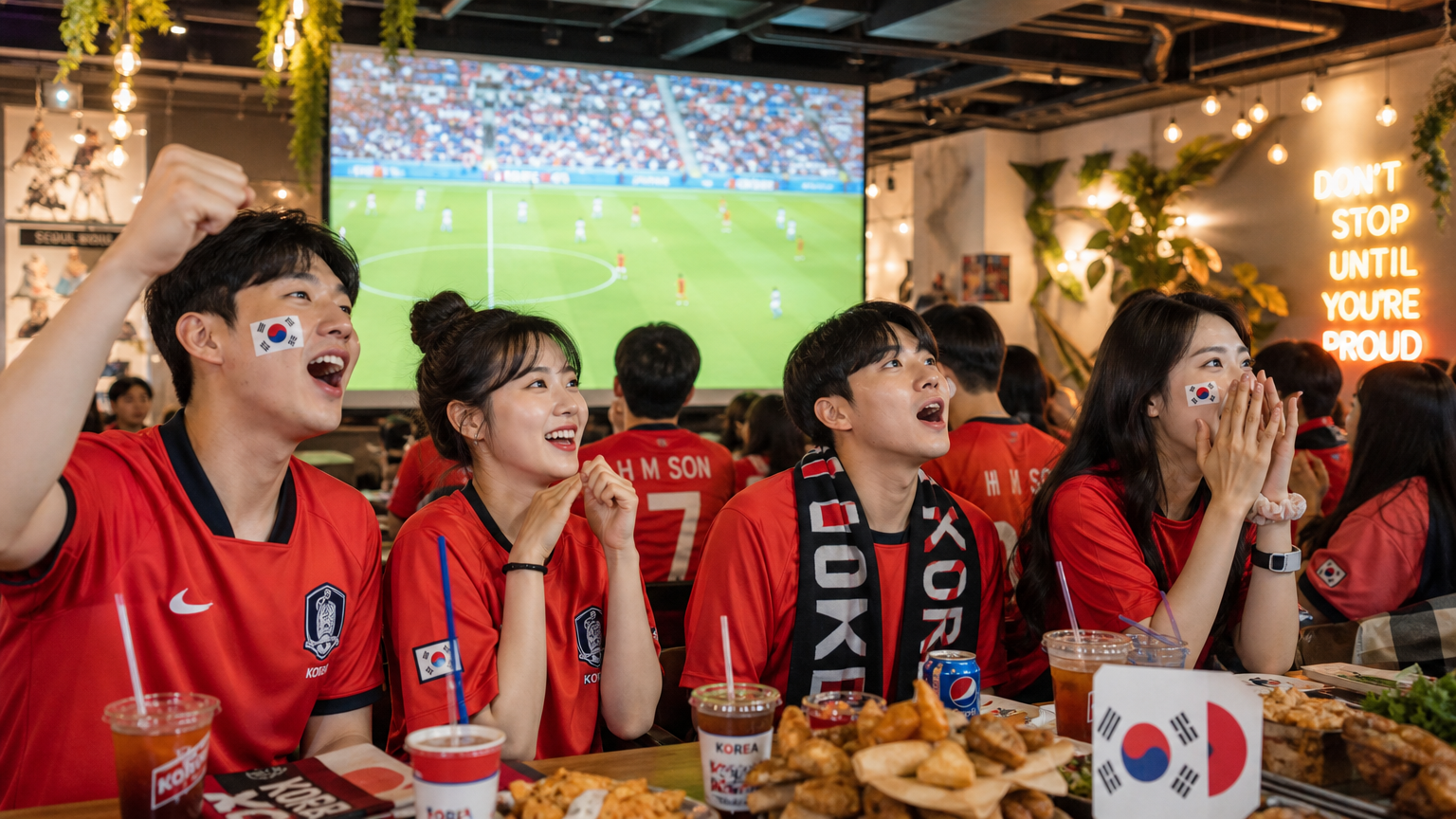 현대적인 카페에서 대형 스크린으로 축구 경기를 관람하는 축구 팬들의 모습