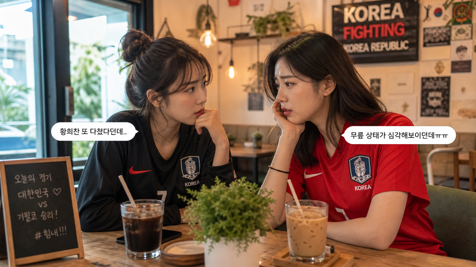 카페에서 커피를 마시며 부상에 대해 이야기 나누는 팬들