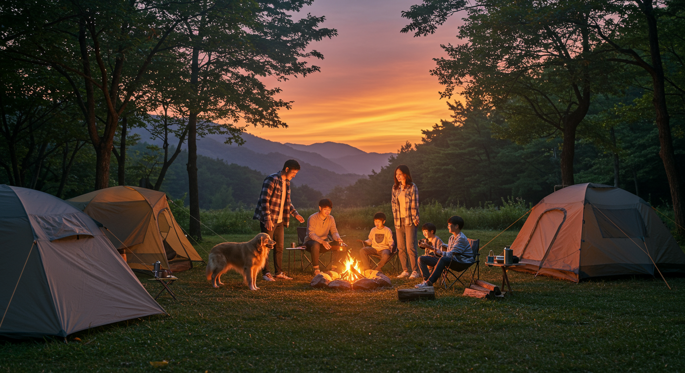 경기도 자연 속 캠핑장에서 반려견과 함께하는 가족의 모습