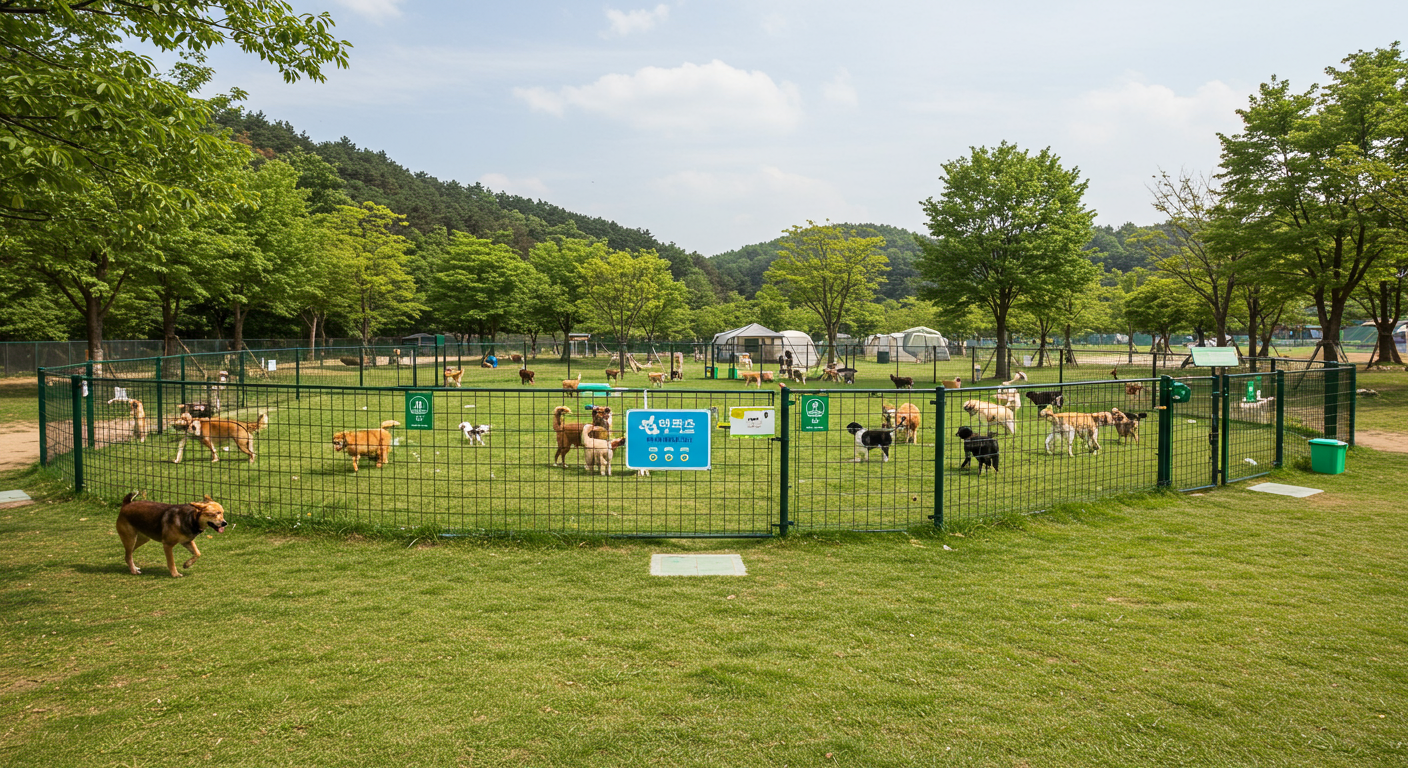 울타리가 설치된 공간에서 목줄 없이 뛰어노는 강아지들
