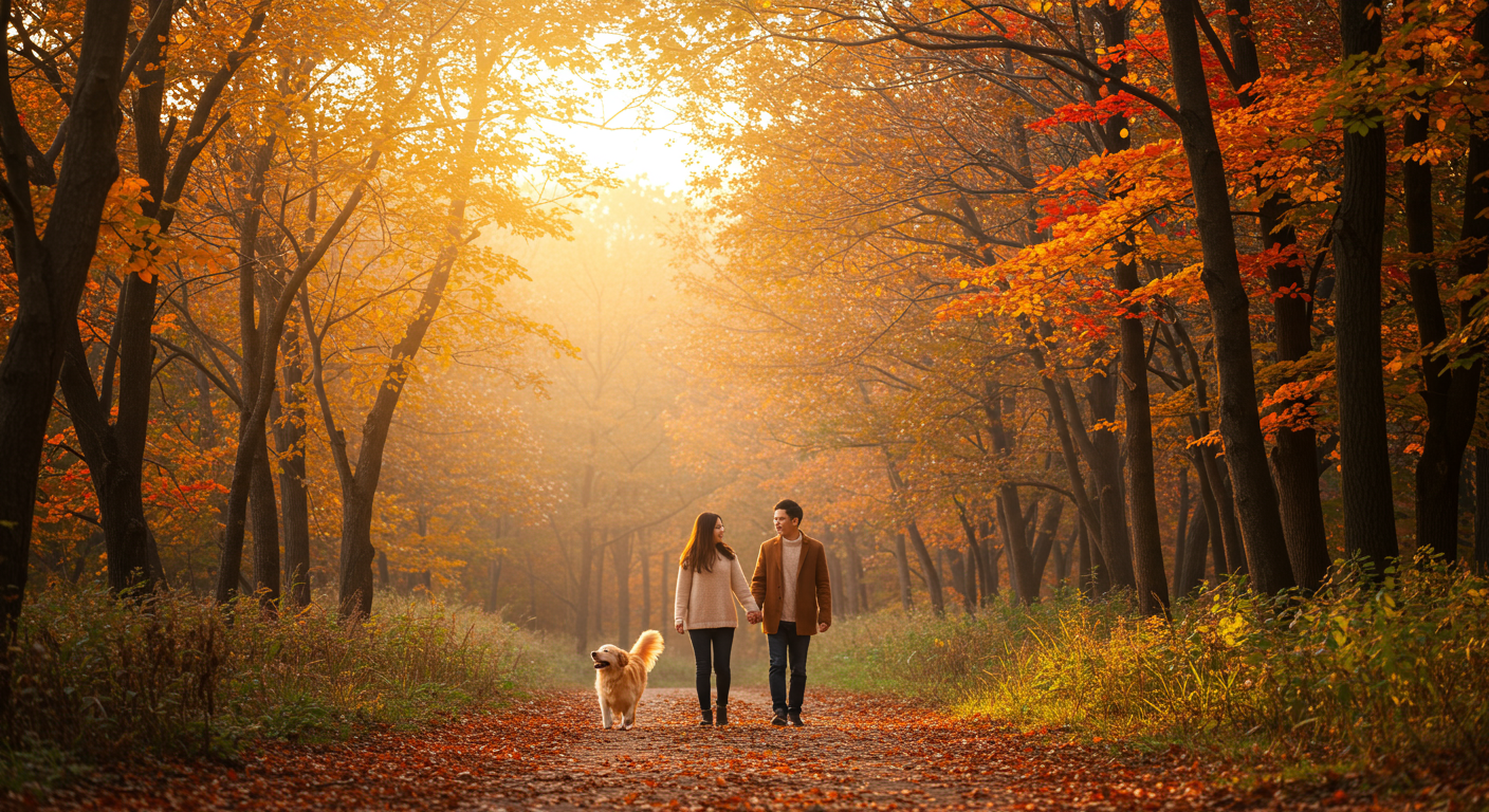 가을 단풍이 물든 경기도 산책로에서 강아지와 산책하는 커플