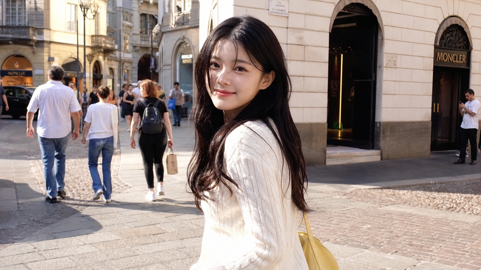 따스한 햇살 아래 밀라노 돌담길을 걷는 자연스러운 모습의 김유정