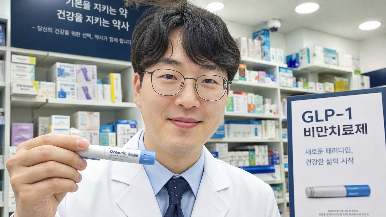 한국 약사가 현대적인 약국 환경에서 GLP-1 약물을 들고 있는 모습