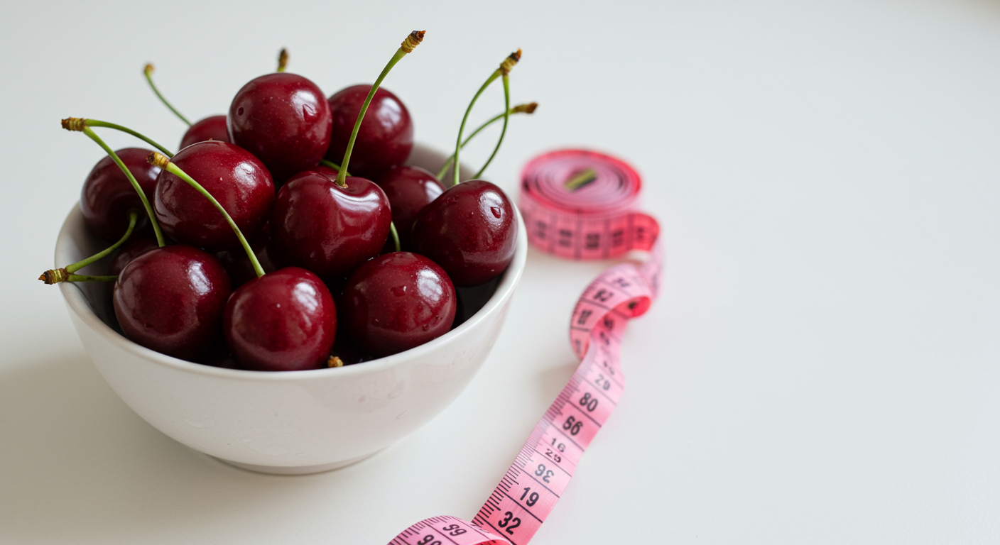 다이어트를 위한 개념으로 주방 카운터 위 측정 줄자와 함께 놓인 체리 클로즈업