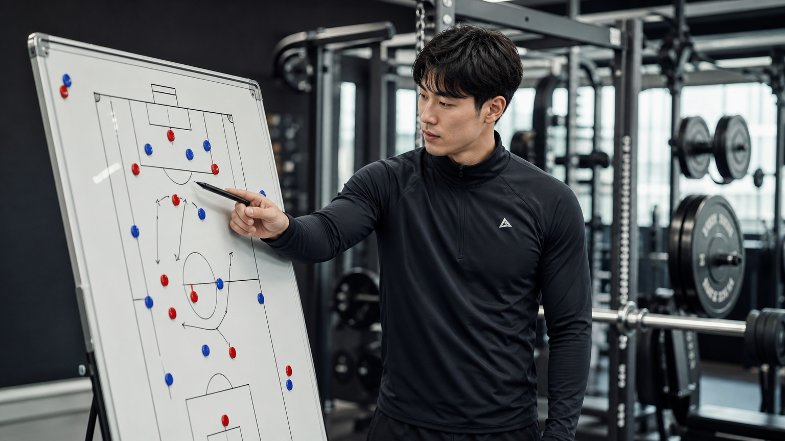 스포츠웨어를 입고 체육관에서 전술 보드를 분석하는 남성