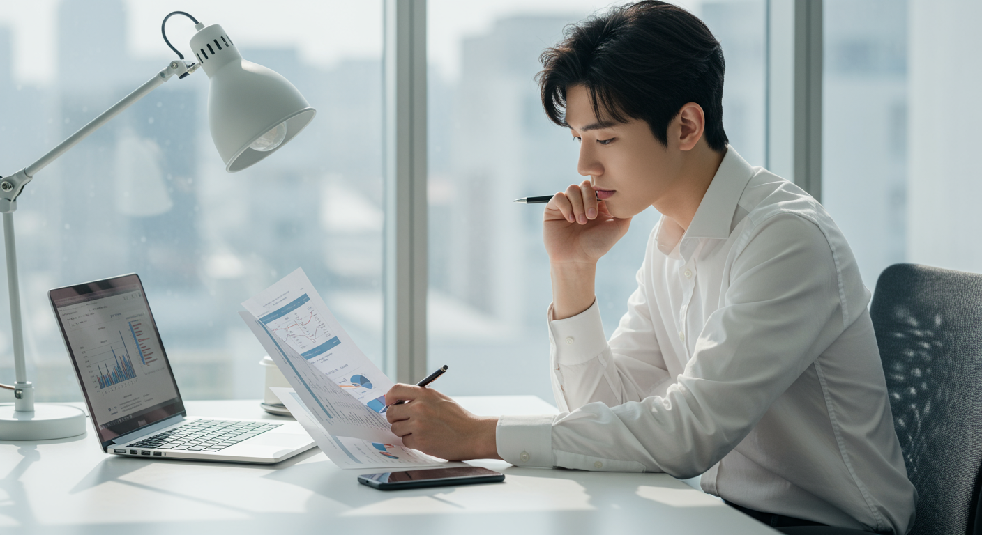 현대적인 사무실 책상에서 금융 서류를 검토하는 젊은 남성