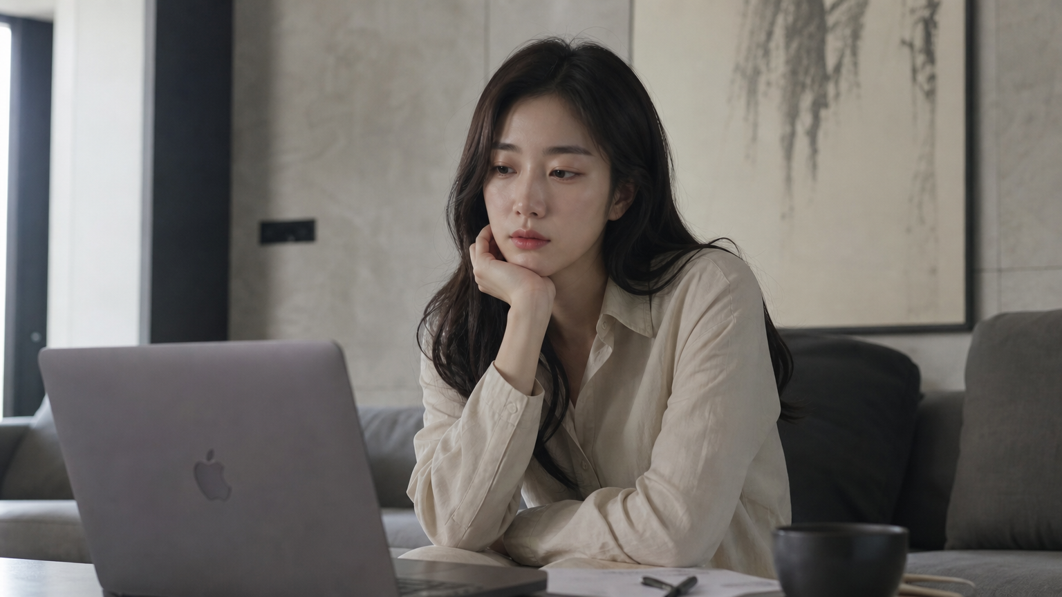 최근 유튜브 활동 중단에 대해 생각에 잠긴 모습의 한국 여배우