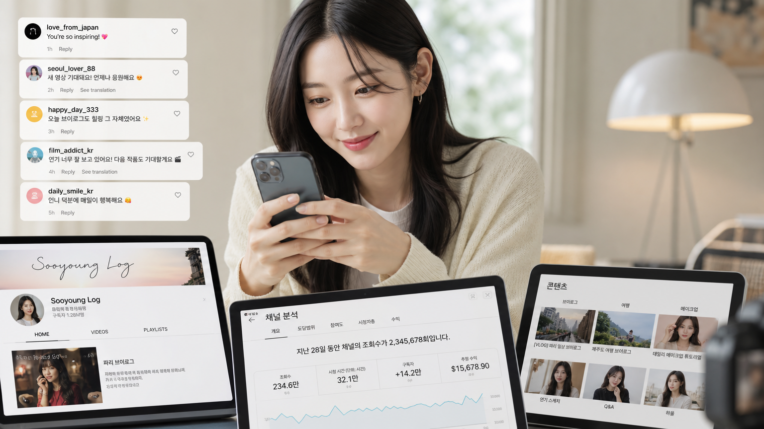 다양한 디지털 기기에서 자신의 콘텐츠를 시청하는 팬들과 소통하는 한국 여배우