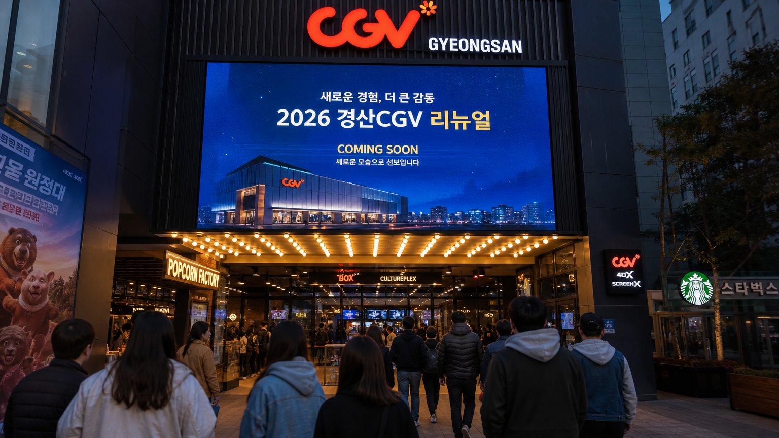 2026년 경산 CGV 리뉴얼을 알리는 영화관 입구의 디지털 디스플레이와 관람객들