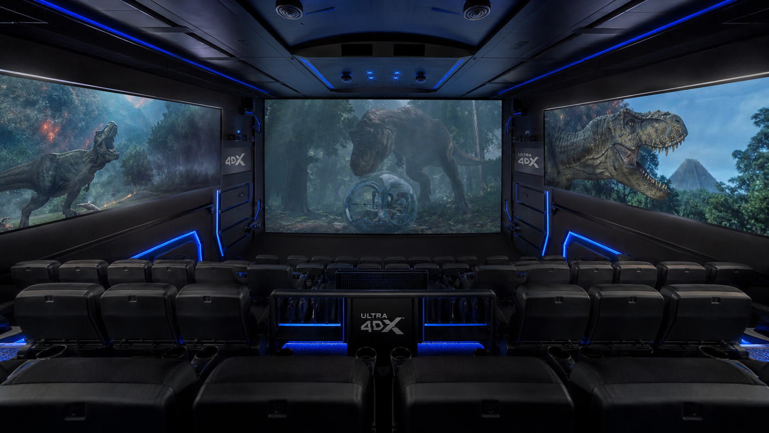 모션 체어와 스크린X 기술이 결합된 울트라4DX 특별관 내부 모습