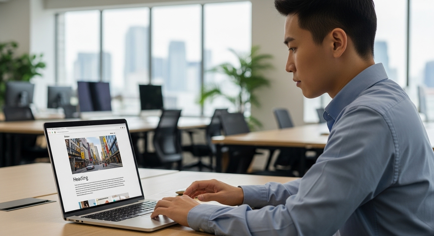 현대적인 사무실에서 노트북을 사용하여 블로그 콘텐츠를 보고 있는 직장인의 집중된 모습