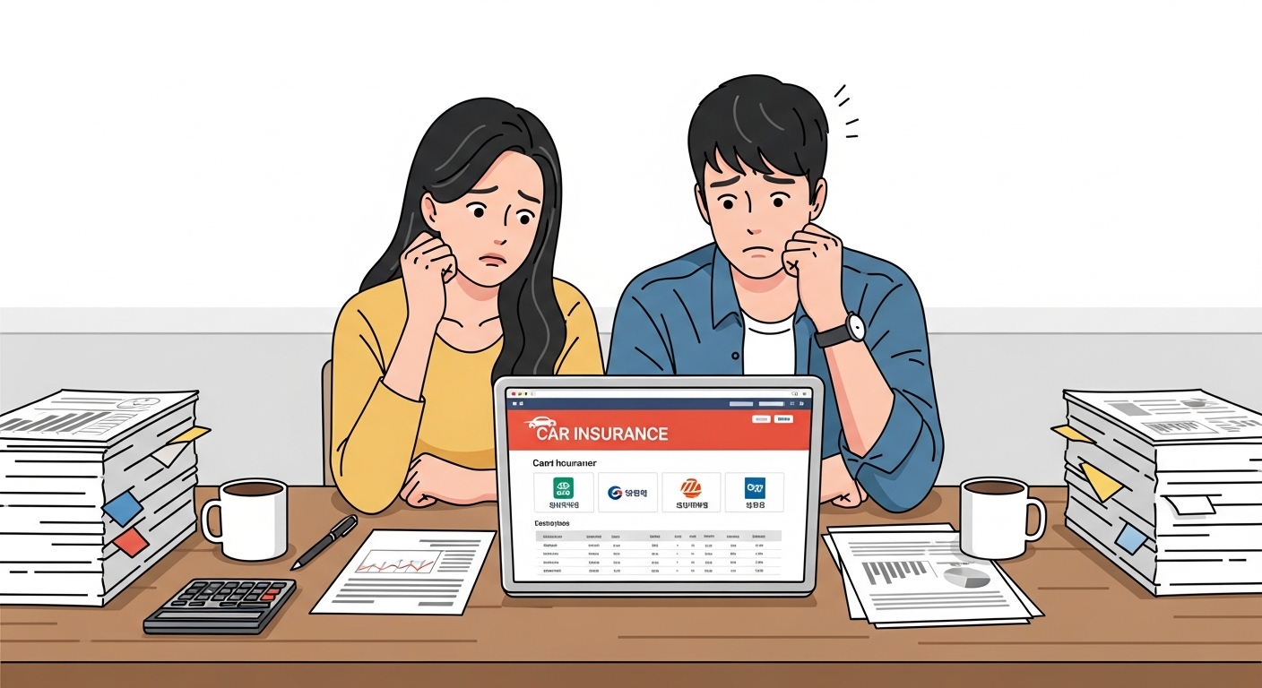 자동차보험 갱신을 걱정하는 부부가 노트북으로 보험 비교 사이트를 보고 있는 모습