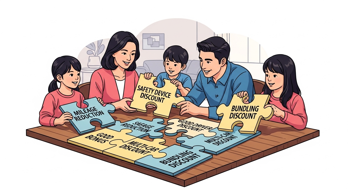 가족들이 테이블 위에서 마일리지 감소와 안전 장치 할인을 포함한 다양한 보험 할인을 맞추는 퍼즐 조각들