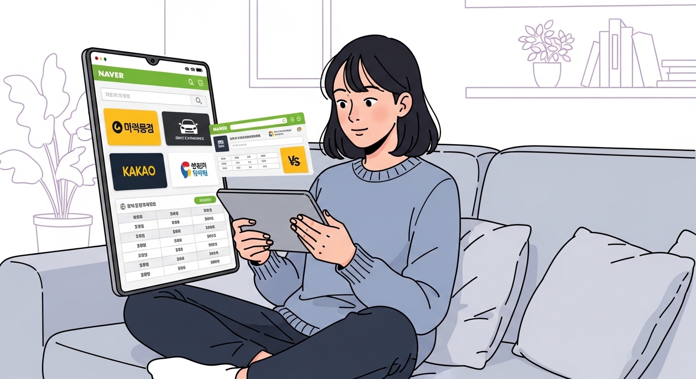 젊은 여성이 태블릿으로 네이버와 카카오 플랫폼에서 다이렉트 자동차보험을 비교하는 장면