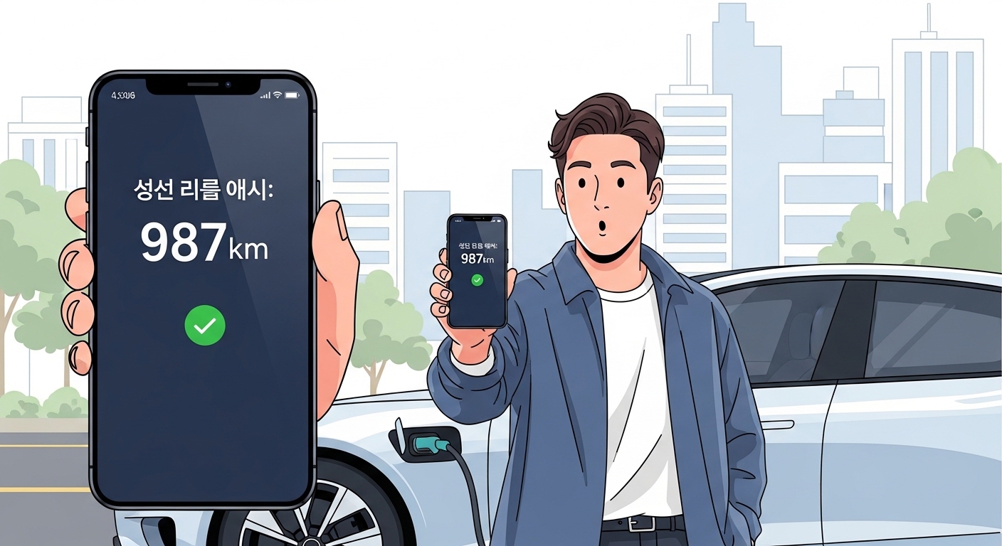 전기차 옆에서 스마트폰으로 연간 주행거리 1000km 이하임을 확인하고 있는 남성