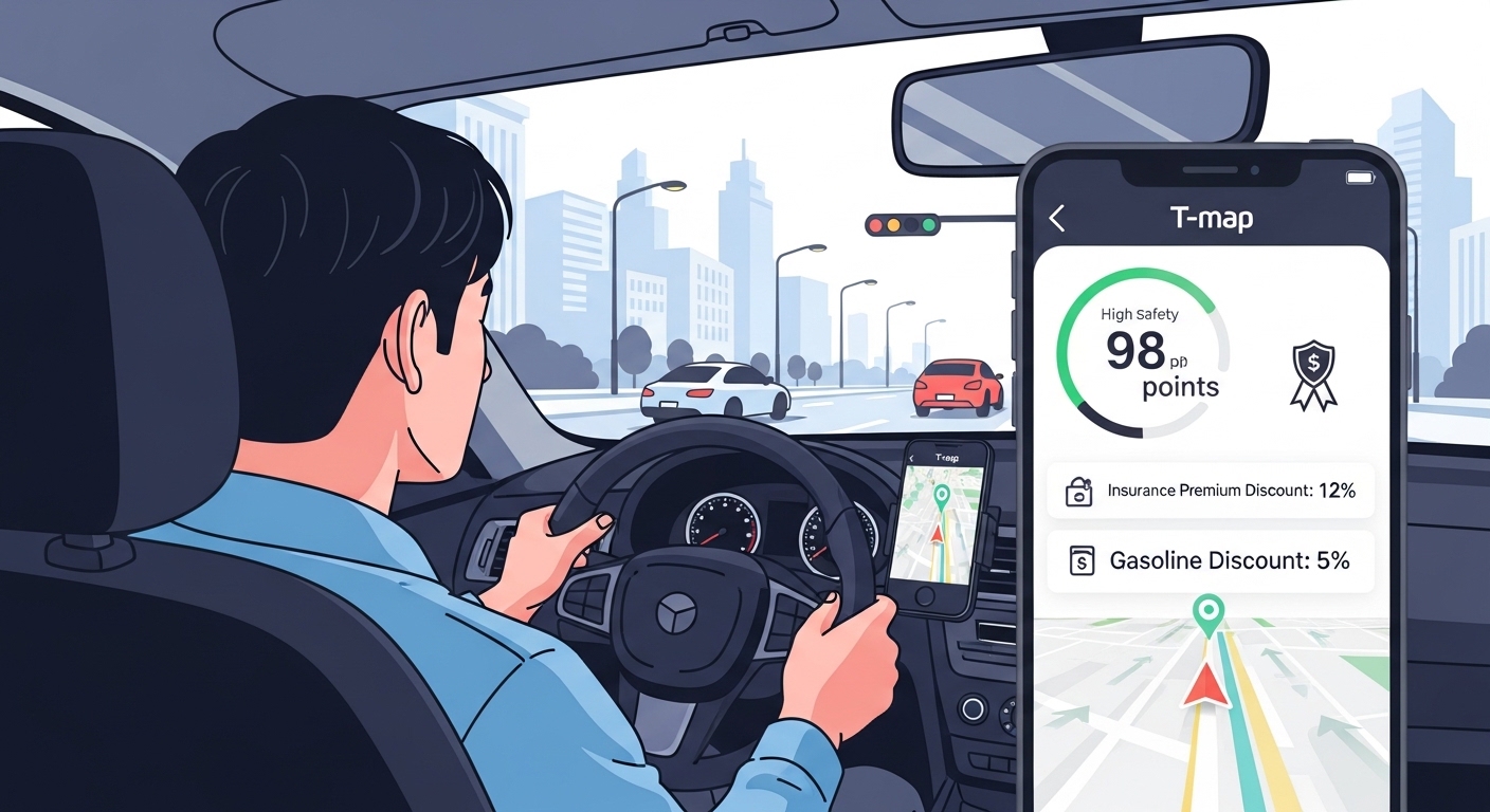 티맵 앱으로 높은 안전 점수를 확인하며 도시에서 안전하게 운전하는 한국 운전자
