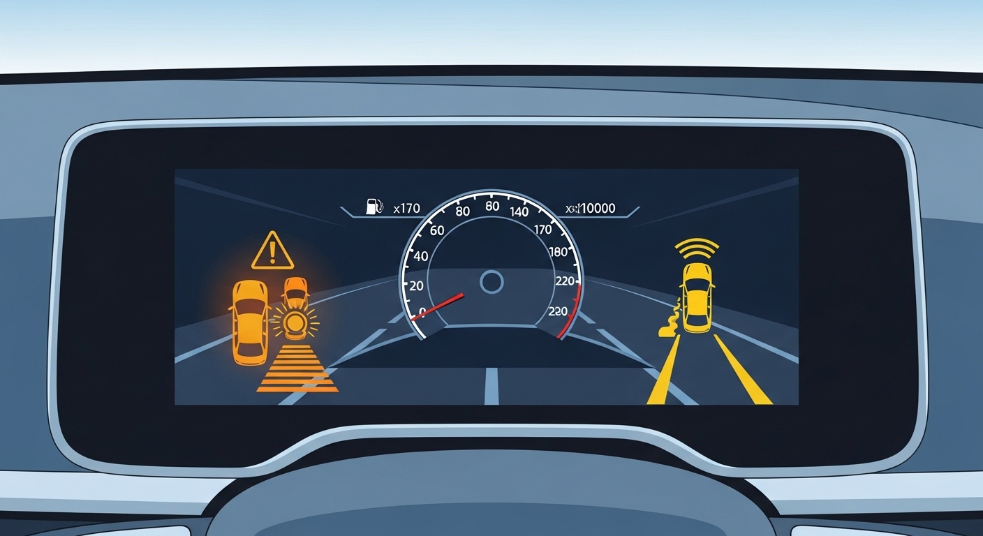 전방 충돌 방지 및 차선 이탈 경고 등 첨단 안전장치 기술이 표시된 현대적인 차량 대시보드