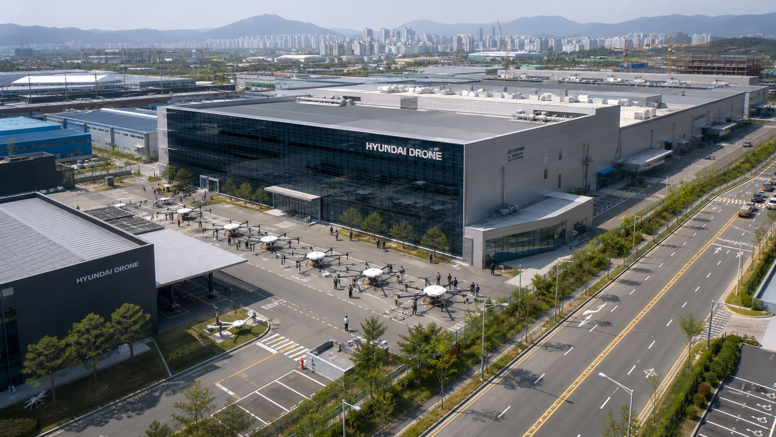 한국 산업지구 내 활발하게 운영되는 대규모 드론 제조 시설의 항공 뷰