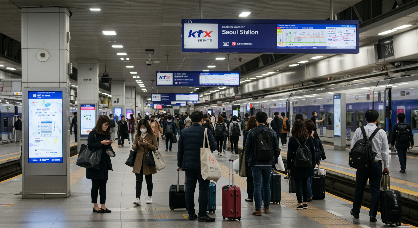 서울역에서 스마트폰으로 KTX 시간표를 확인하는 승객들 모습