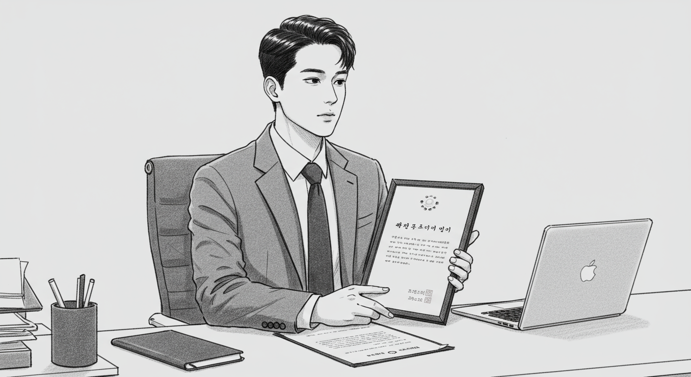 한국 사무직원이 책상에 앉아 노트북과 자격증을 들고 있는 모습
