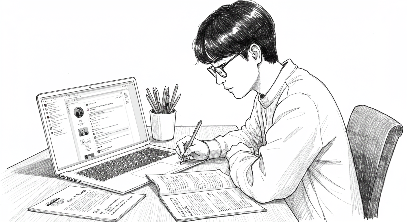 집에서 온라인 강의를 듣고 있는 한국 학생의 공부 환경