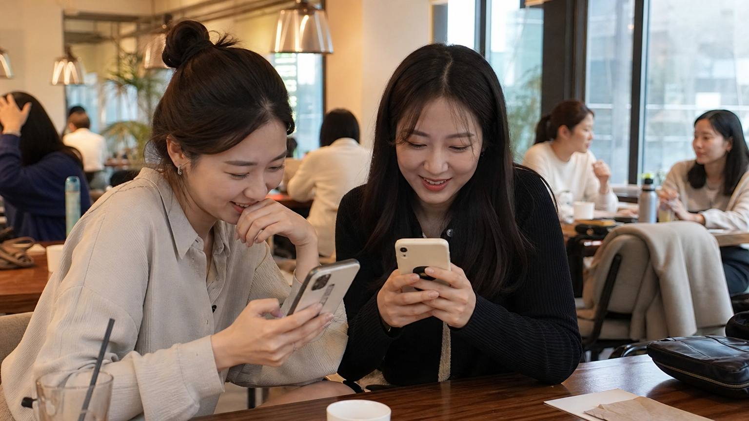현대식 카페에서 스마트폰으로 웹소설을 열정적으로 읽는 젊은 여성들