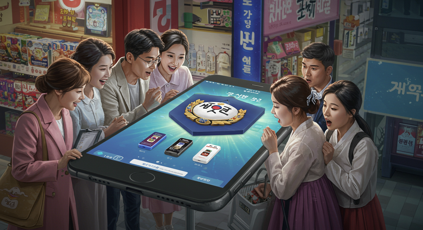 한국 소비자들이 스마트폰 화면에서 까치 호랑이 배지를 보며 열정적으로 구매하는 모습