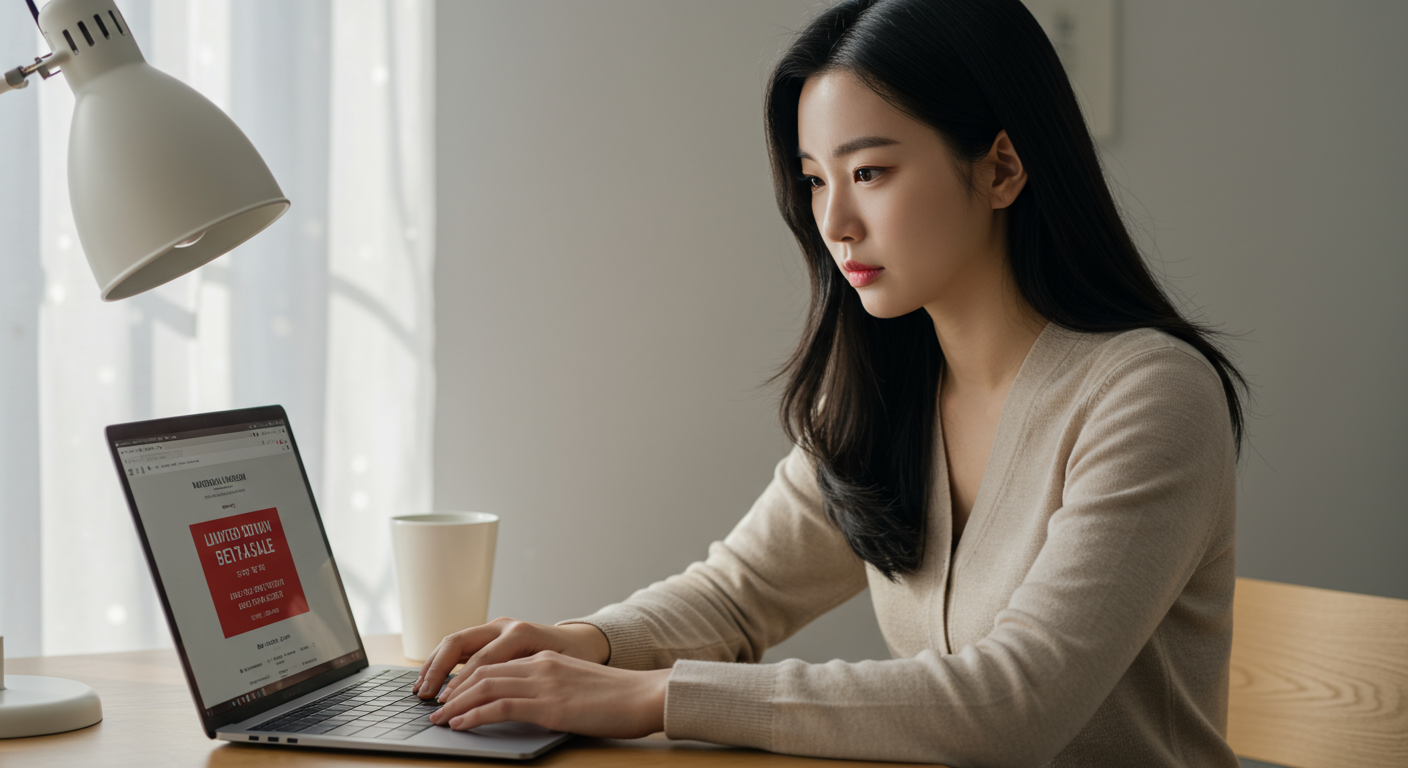 한정판 판매 카운트다운을 보며 국립중앙박물관 웹사이트를 집중해서 보는 한국 여성의 모습