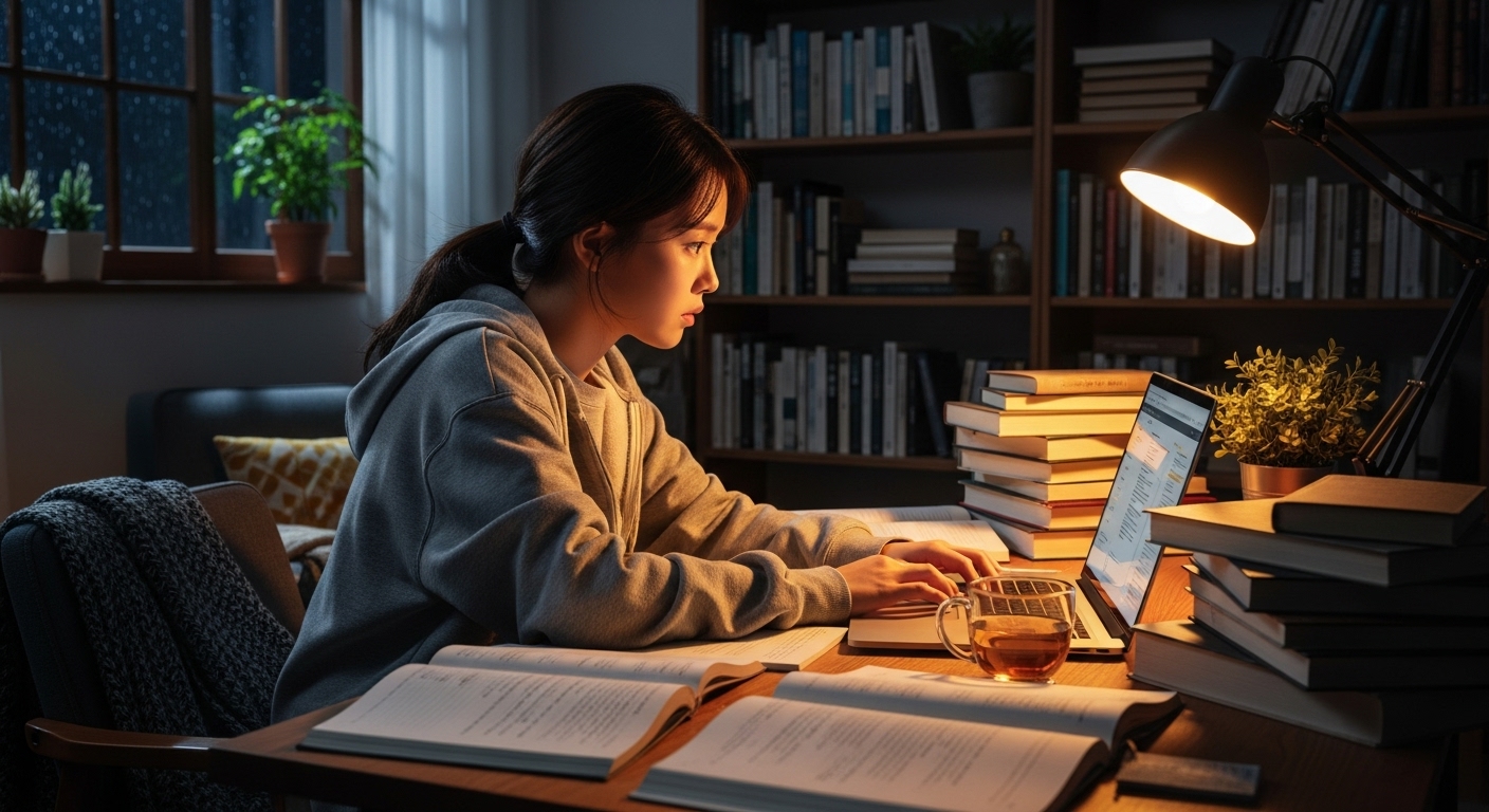 학업 연구로 늦은 밤까지 집중하는 젊은 학생의 모습