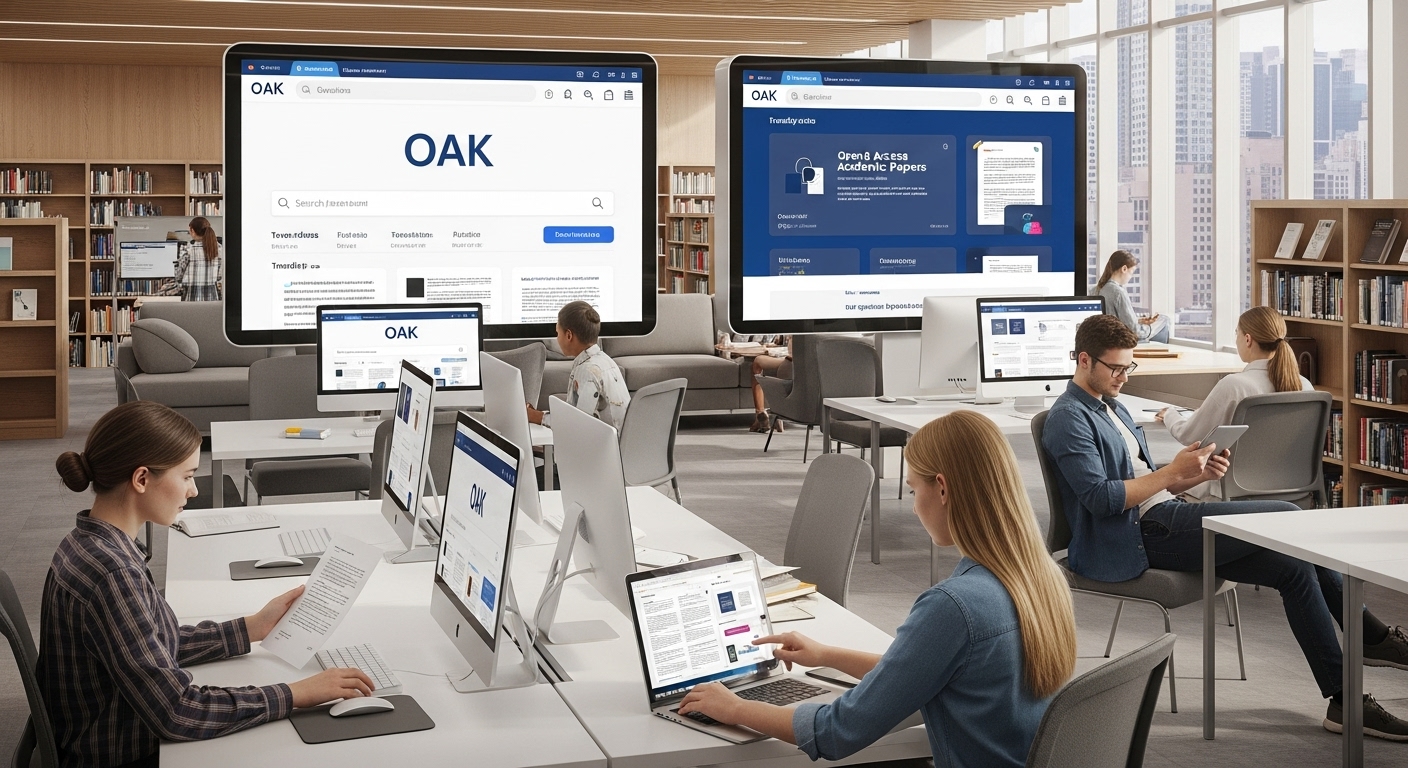 디지털 스크린에서 OAK 플랫폼을 탐색하고 있는 학생들이 있는 현대적인 도서관 내부