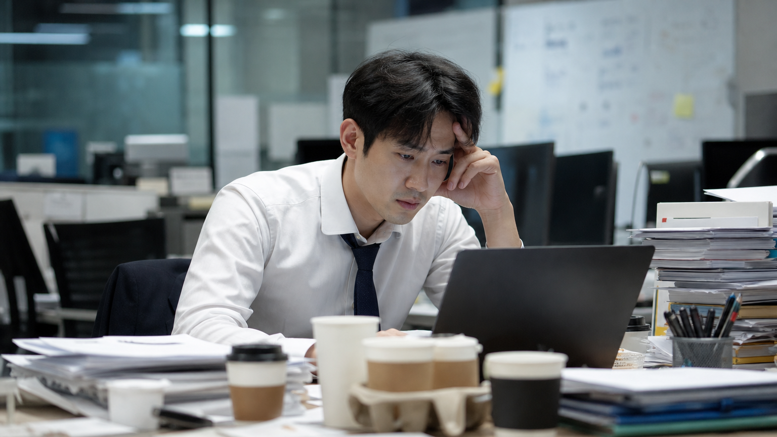 피곤해 보이는 한국 사무실 근로자가 컴퓨터 화면을 바라보고 있는 모습