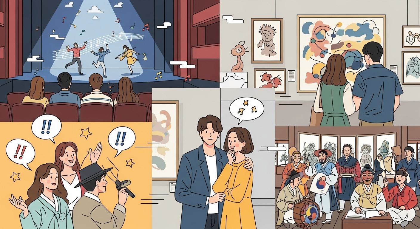 젊은이들이 연극, 뮤지컬, 전시회를 즐기는 모습