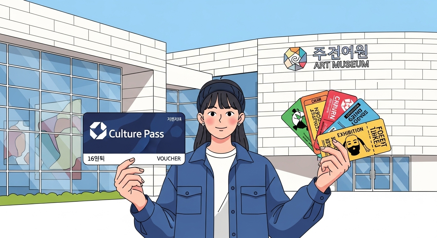 문화 바우처를 들고 미술관 앞에 선 청년의 모습